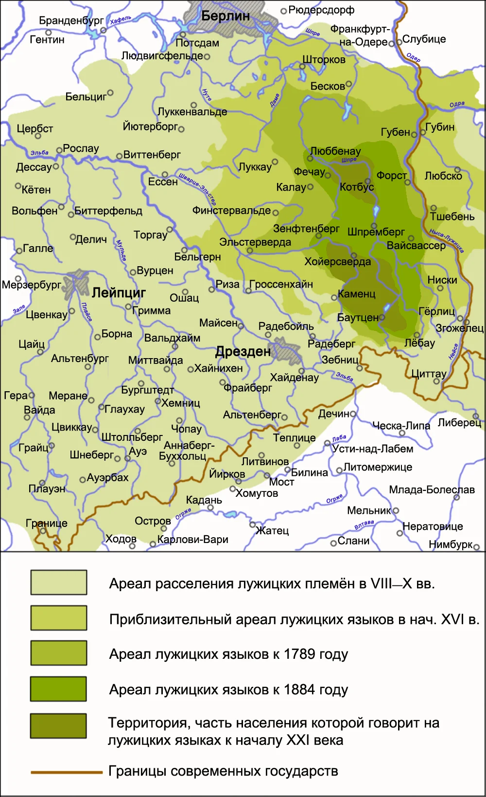 На карте хорошо видно, как немцы  веками вытесняли славян. Сегодня бывшая территория славян (выделена желто-салатовым цветом), – полностью Германия.