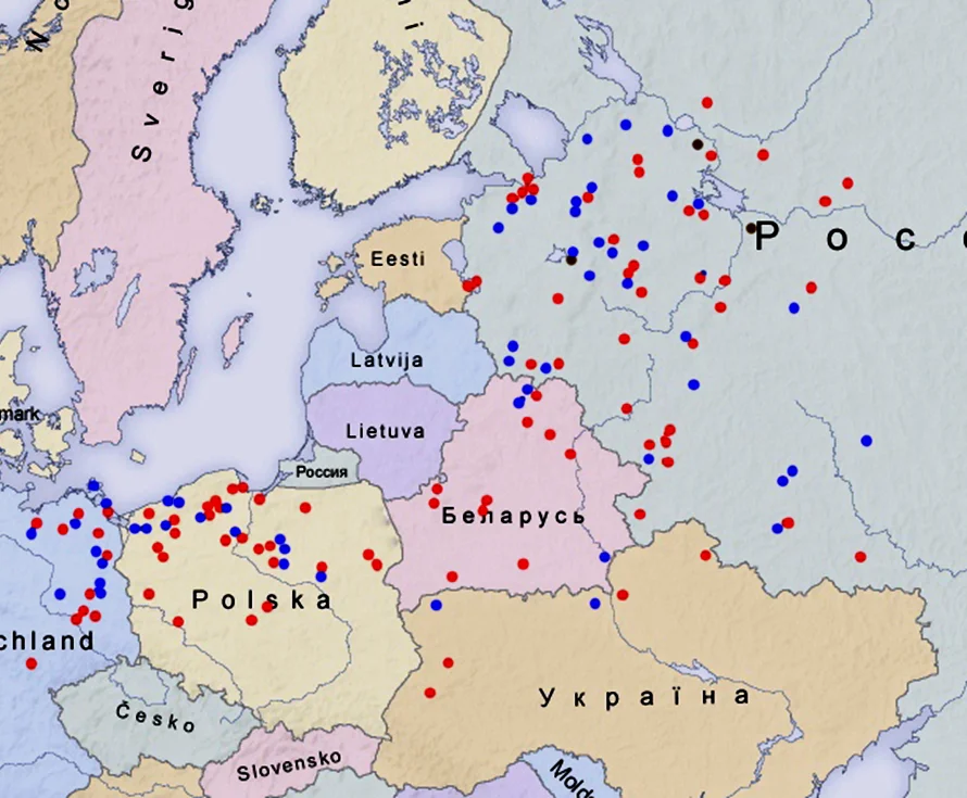 На карте синие точки указывают на озера и реки с корнем колп (колб), красные – на города и села. Все топонимы тянутся широкой полосой с Русской равнины до Германии. 